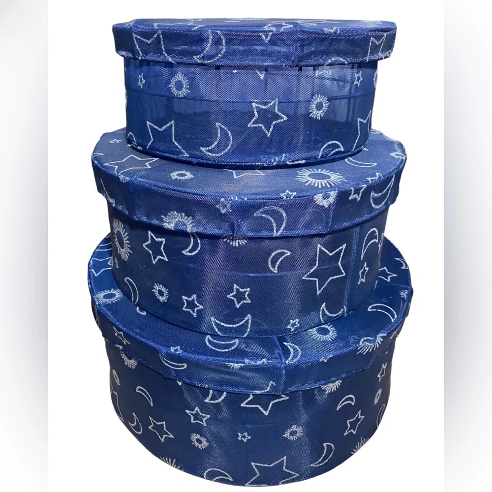 Vtg 3 Pc Celestial Sheer Mesh Stackable‎ Nesting Hat Storage Boxes Moon Stars